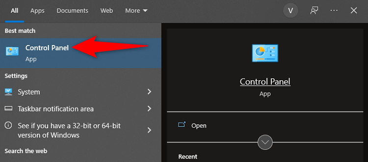 Launch Control Panel from the Start Menu