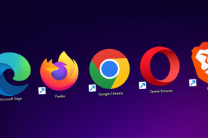 Various web browser logos on a gradient background.