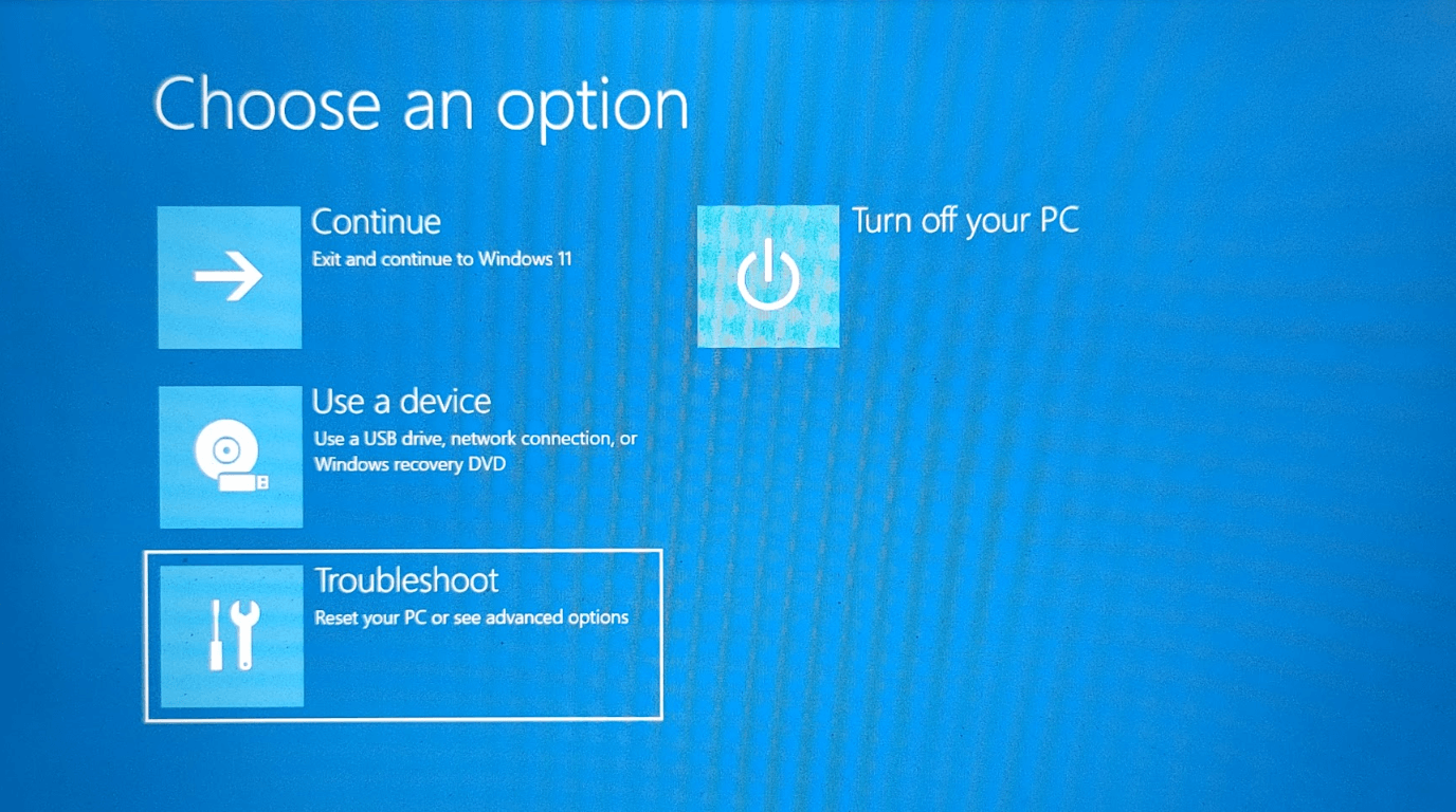 "Troubleshoot" highlighted on the "Choose an option" screen.