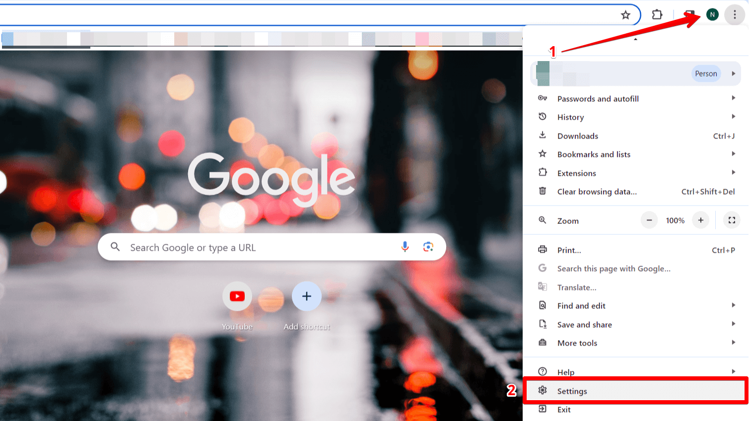 "Settings" highlighted in Chrome menu.