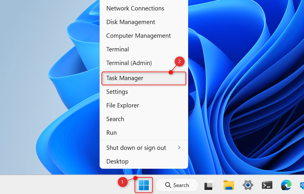 "Task Manager" highlighted in Power User Menu.