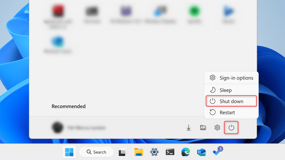 "Shut down" highlighted in Start menu on Windows 11.