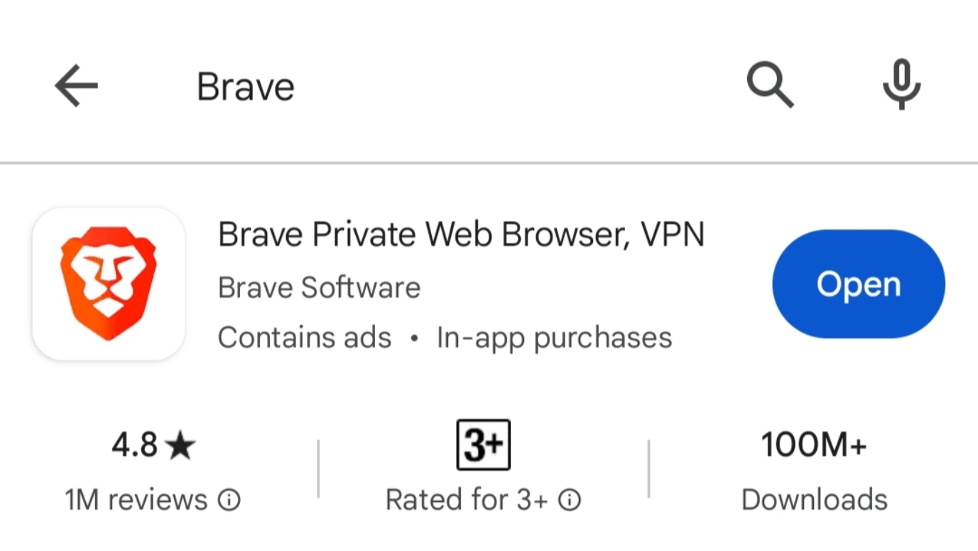 Brave web browser listing on Google Play Store for Android.