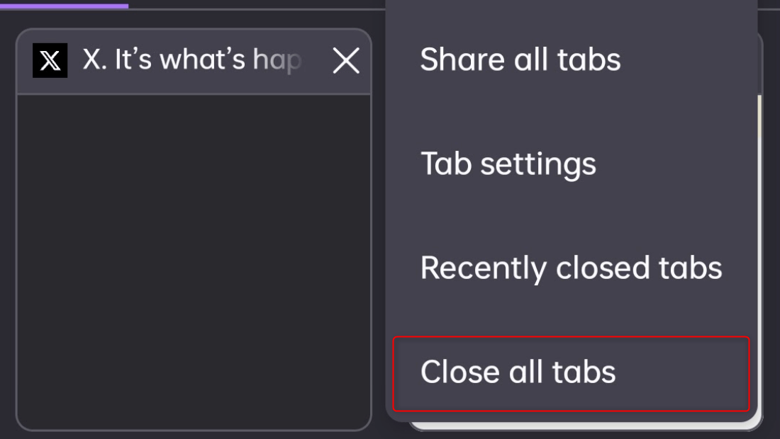 "Close all tabs" highlighted in the menu of Firefox for Android.