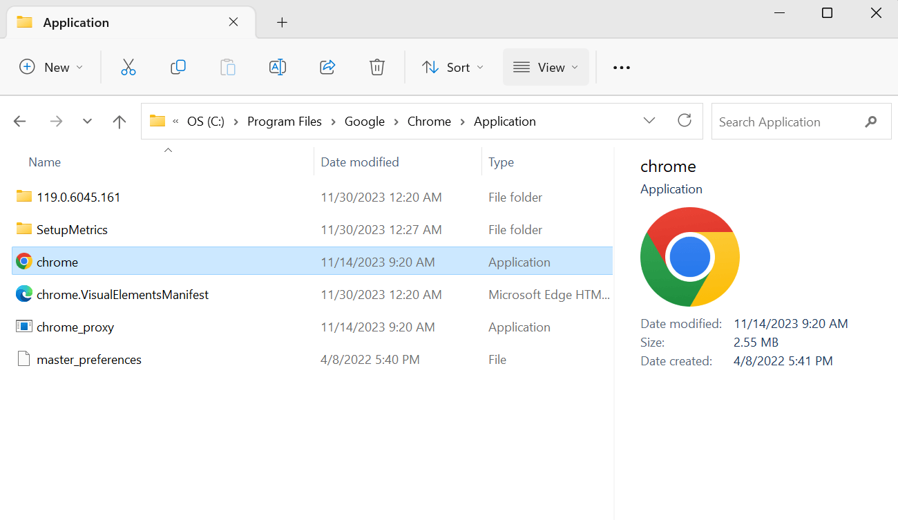 Google Chrome in File Explorer.