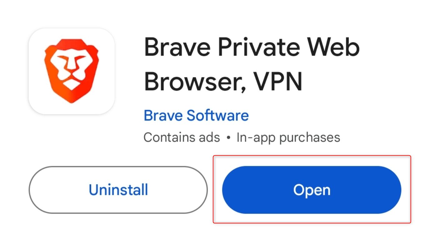 "Open" highlighted for Brave in Google Play Store on Android.