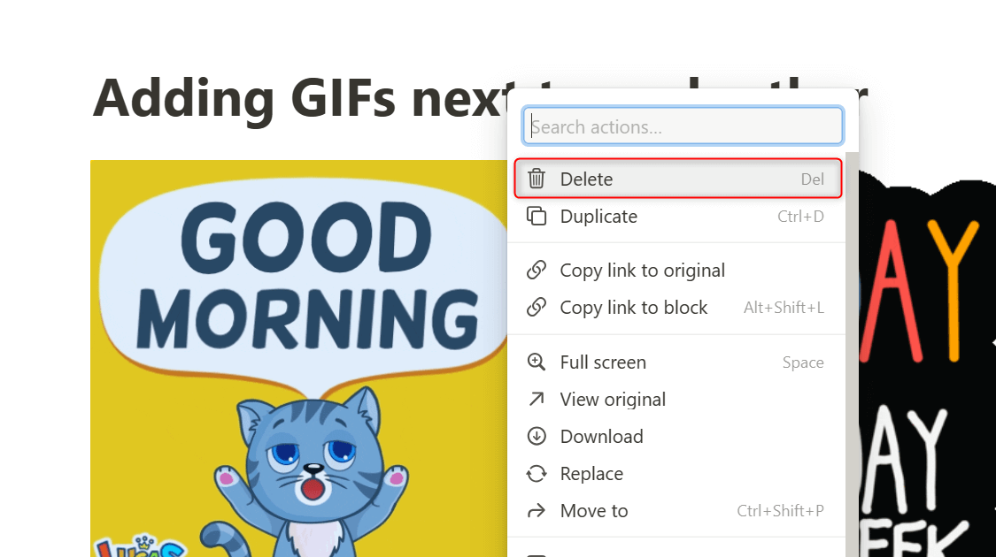 "Delete" highlighted in the context menu of a GIF on Notion.