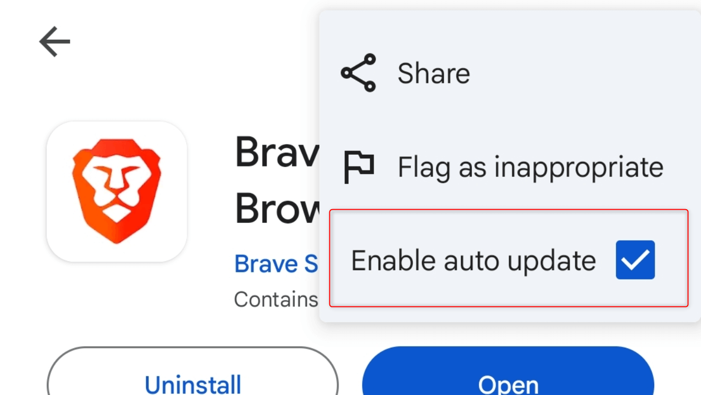 "Enable auto-update" highlighted for Brave in Google Play Store for Android.