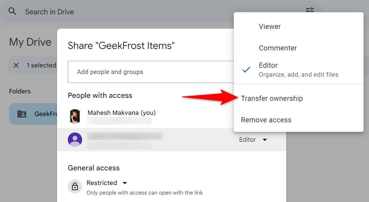 "Transfer Ownership" highlighted for a folder on Google Drive.