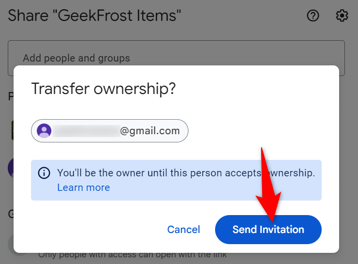 "Send Invitation" highlighted on Google Drive.
