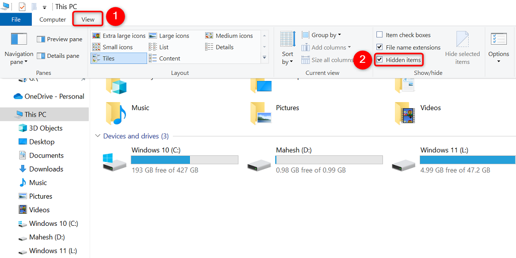 "View" and "Hidden items" highlighted in File Explorer.