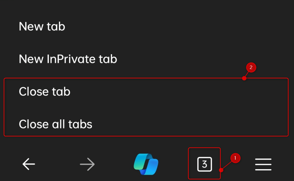 Tab close options highlighted in Edge for Android.