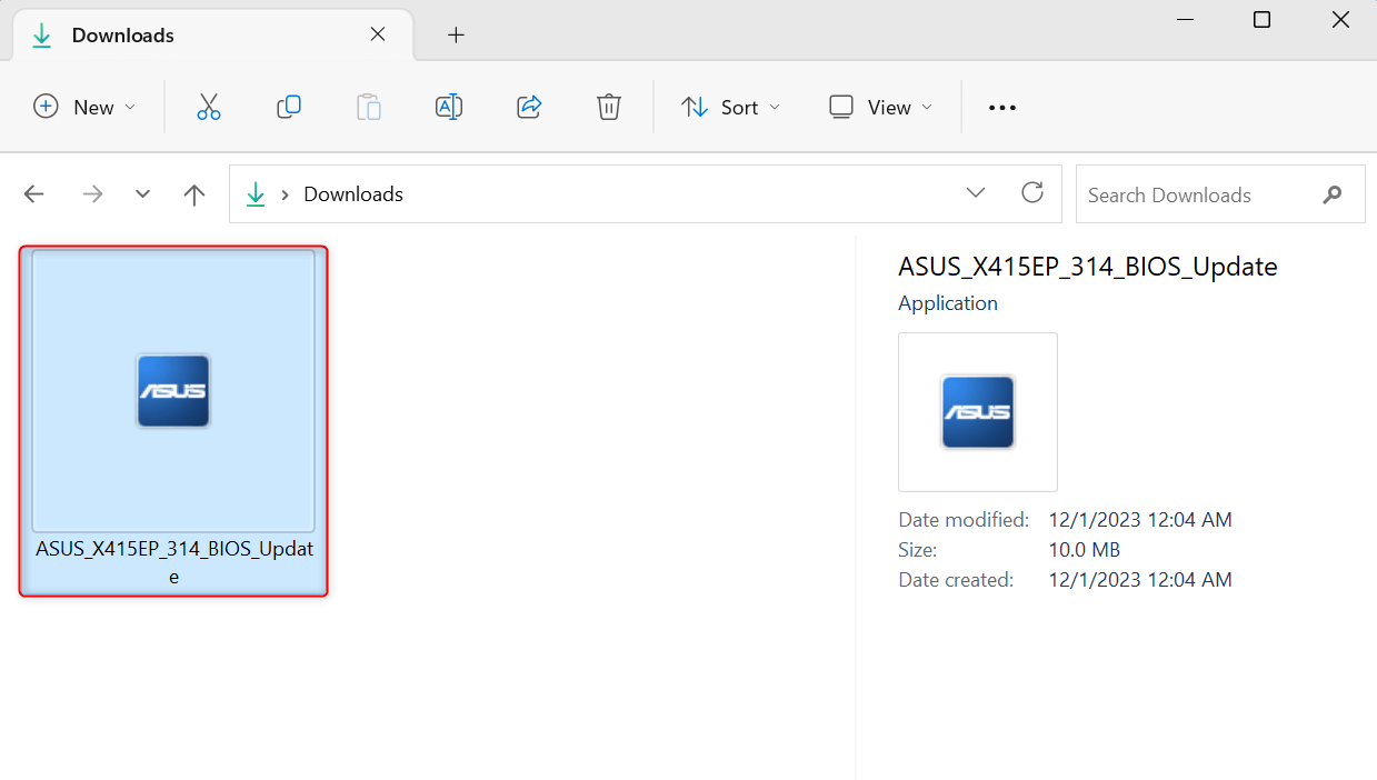 Asus BIOS update file in File Explorer.