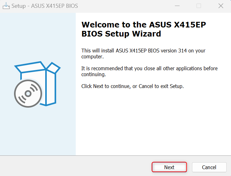 "Next" highlighted on Asus BIOS update tool.