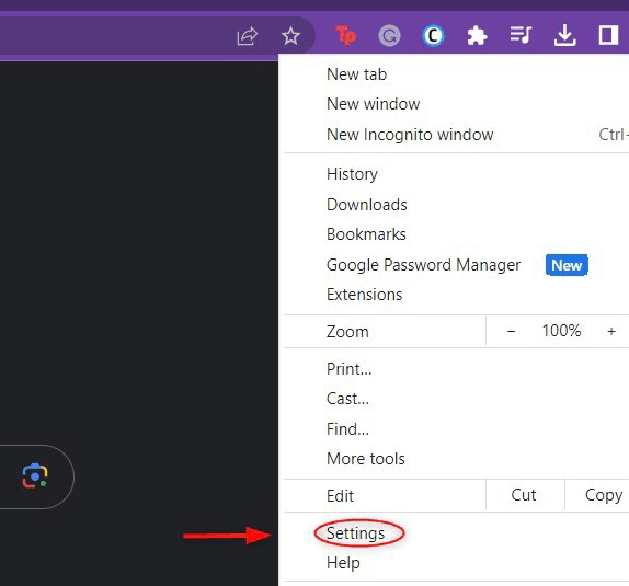 "Settings" highlighted in Chrome on desktop.