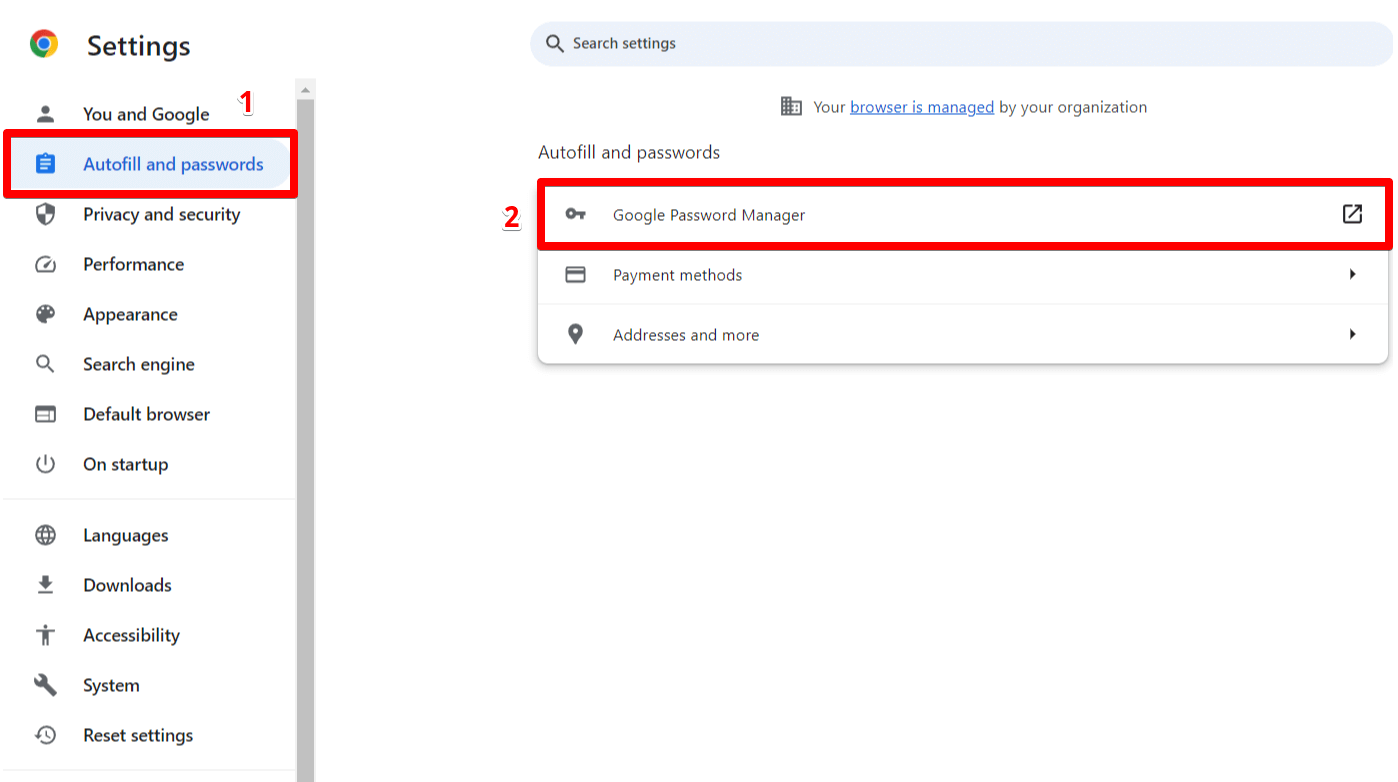 "Google Password Manager" highlighted in Chrome settings.
