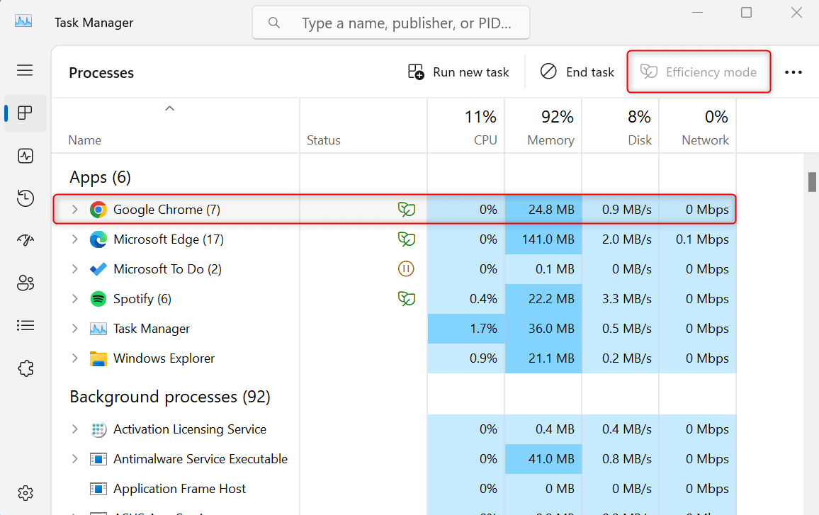 Google Chrome and "Efficiency mode" highlighted in Task Manager.