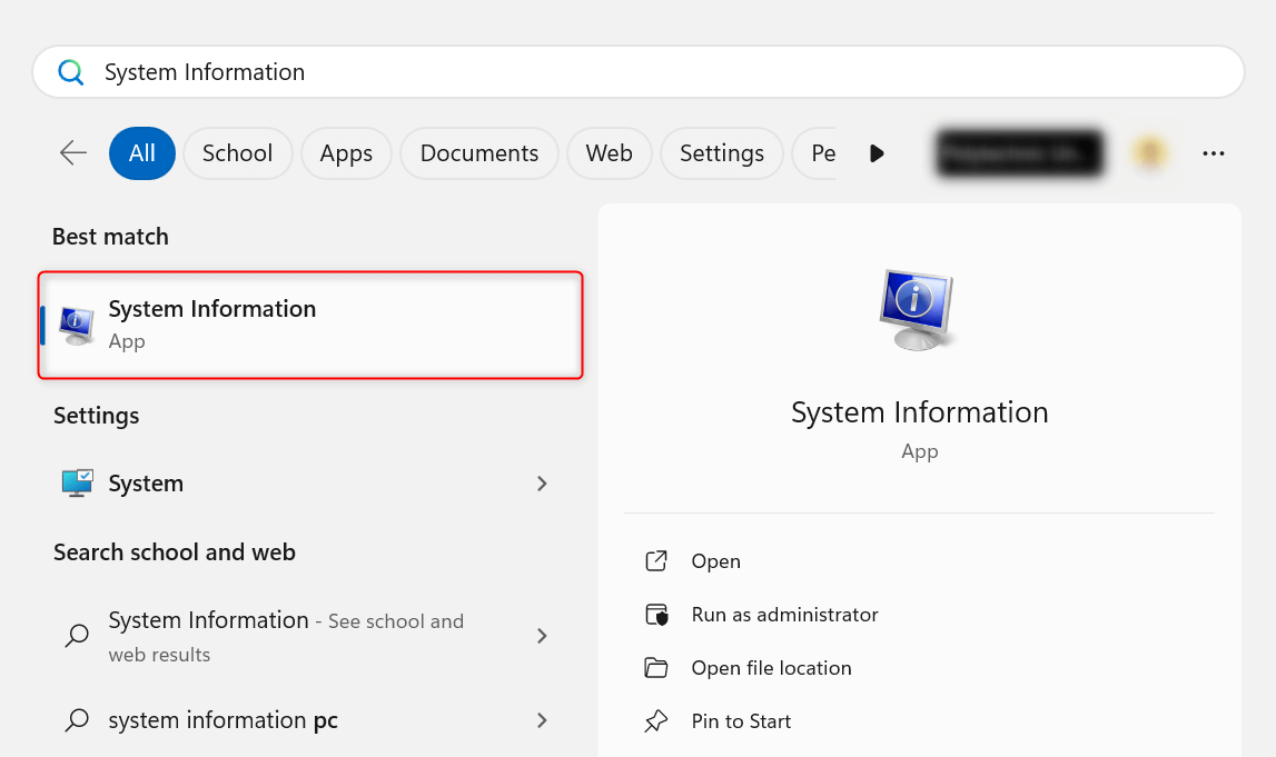 "System Information" highlighted in Start menu on Windows.