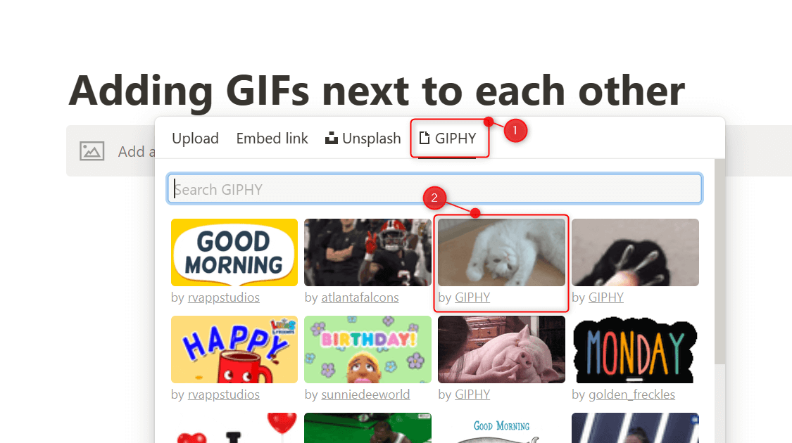 Various GIF options highlighted on Notion.