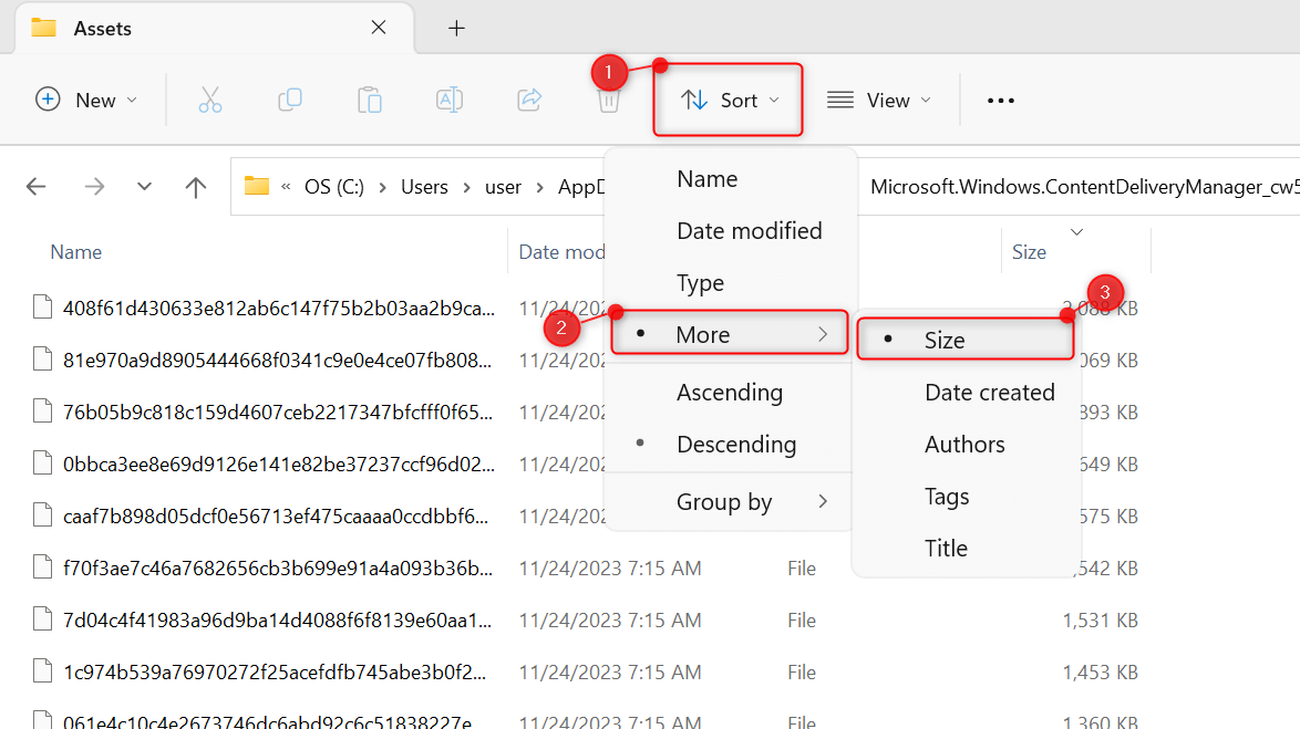 Sort > More > Size highlighted in the Windows Spotlight image folder.