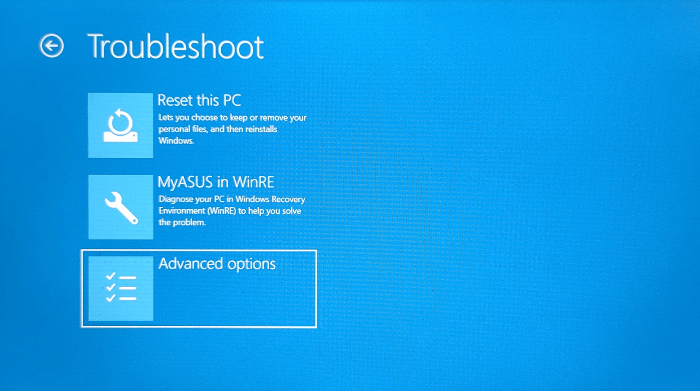 "Advanced options" highlighted on the "Troubleshoot" screen.