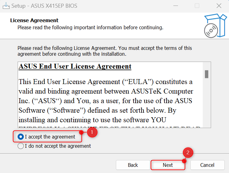 Asus BIOS update license agreement.