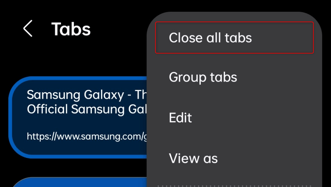 "Close all tabs" highlighted in Samsung Internet Browser for Android.