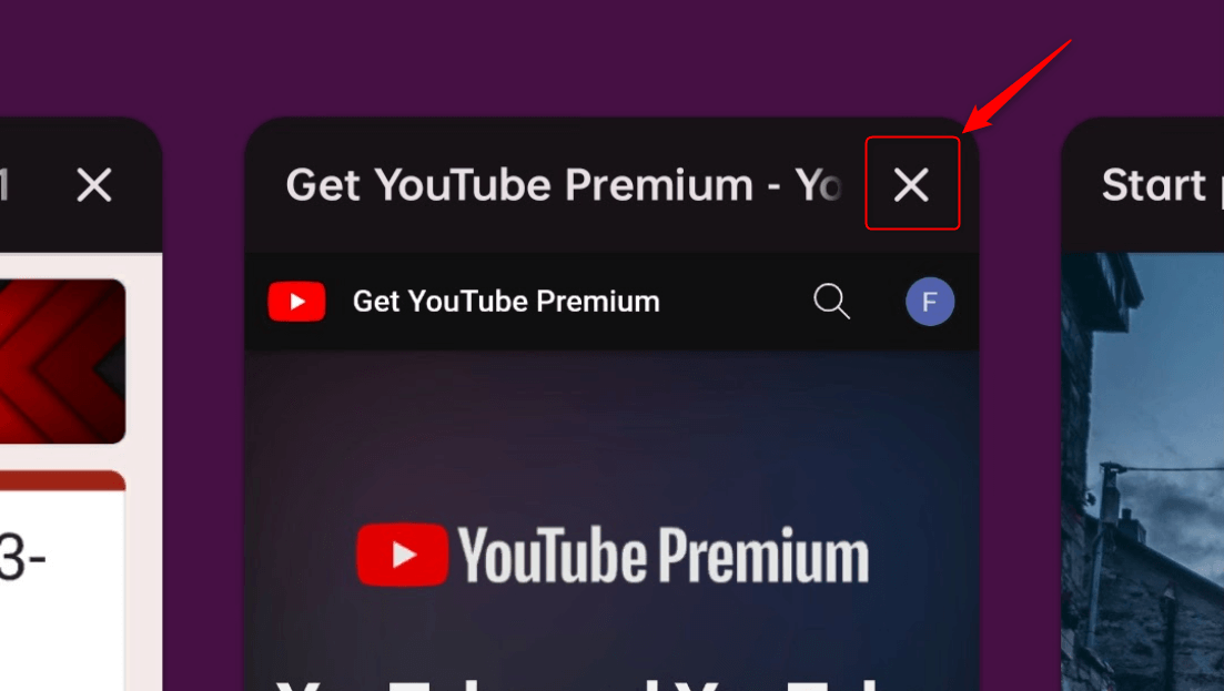 X highlighted for a tab in Opera for Android.