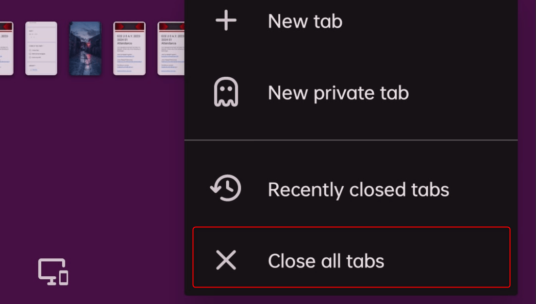 "Close all tabs" highlighted in Opera for Android.