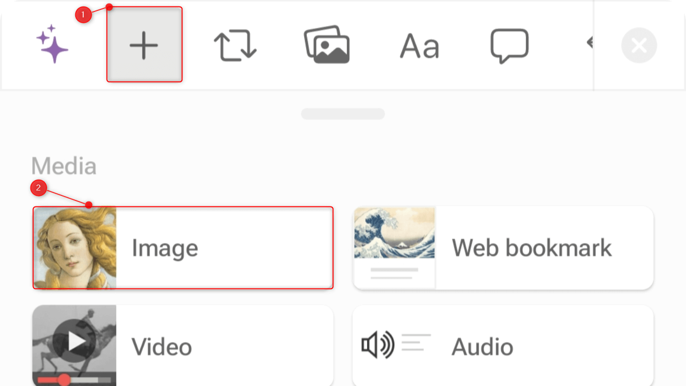 "+" and "Image" highlighted in Notion for mobile.