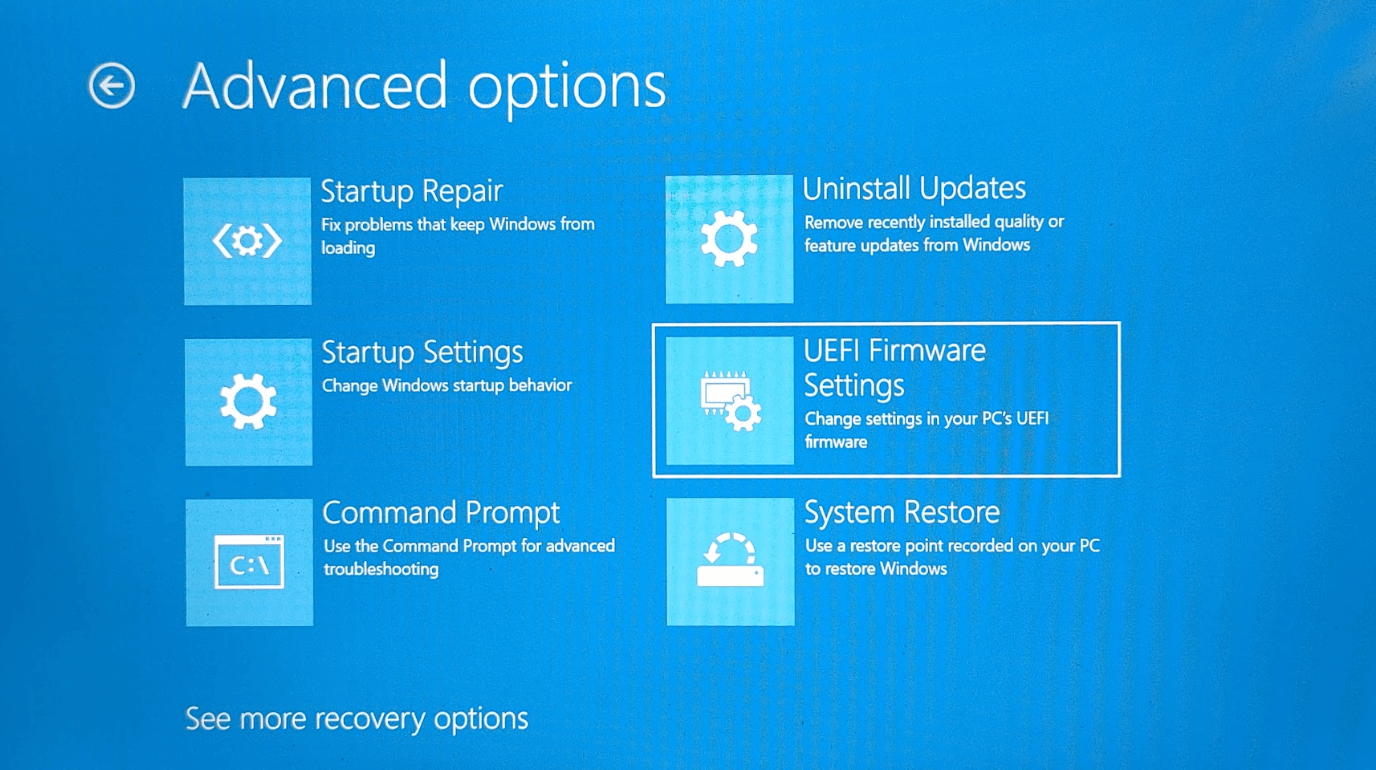 "UEFI Firmware Settings" highlighted on the "Advanced options" screen.