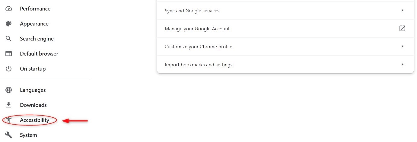 "Accessibility" highlighted in Settings in Chrome on desktop.