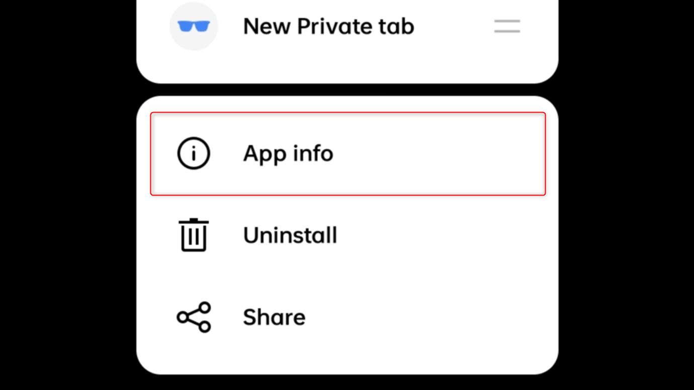 "App info" highlighted in the context menu of Brave on Android.