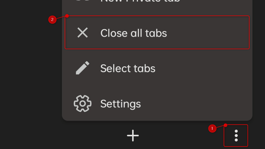 "Close all tabs" highlighted in Brave for Android.