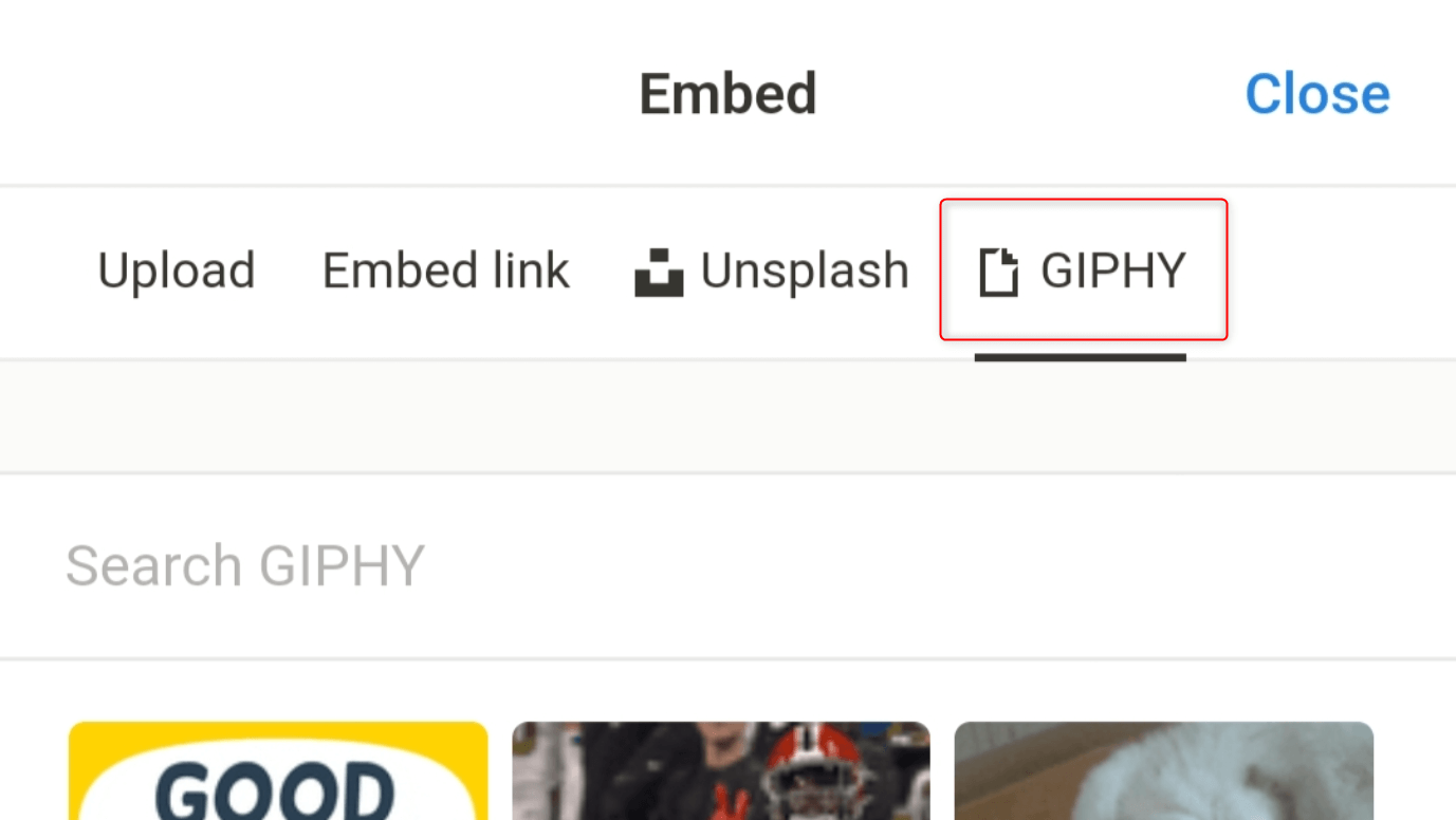 "GIPHY" highlighted in Notion for mobile.