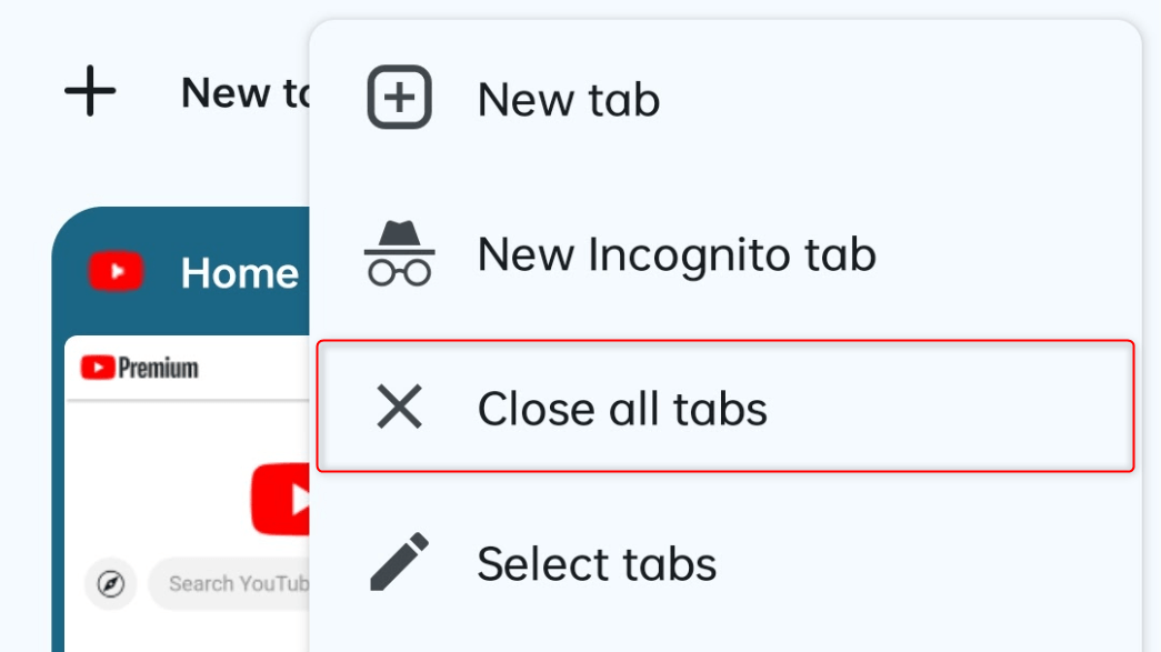 "Close all tabs" highlighted in the menu of Chrome for Android.
