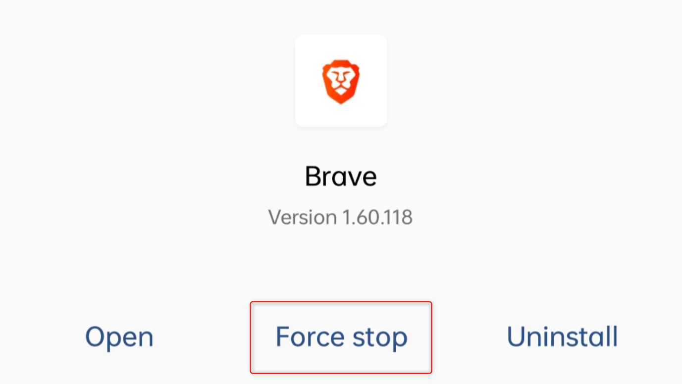 "Force stop" highlighted for Brave in Android Settings.