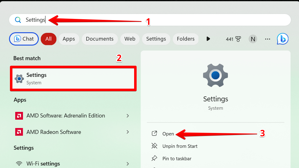 "Open" highlighted for Settings on Windows 11.