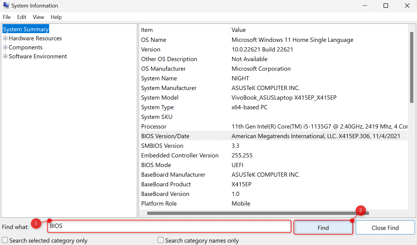 "BIOS" typed in the "Find what" box of System Information.