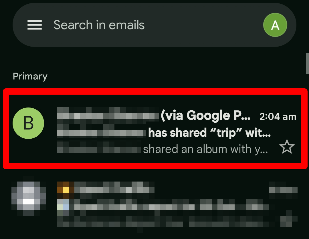 Google Photos' email highlighted in Gmail on a mobile phone.