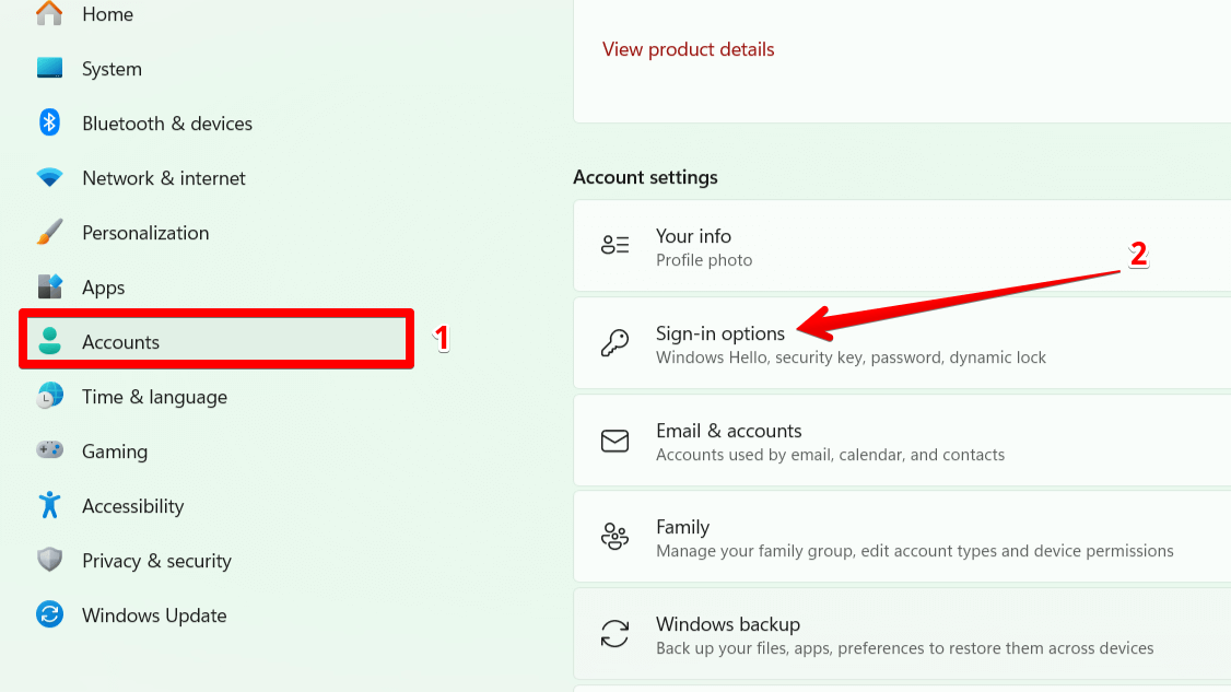 "Sign-in options" highlighted in Windows Settings.