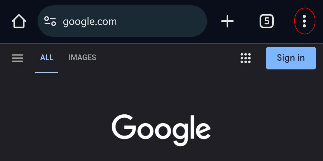 Three-dot menu highlighted in Chrome on Android.