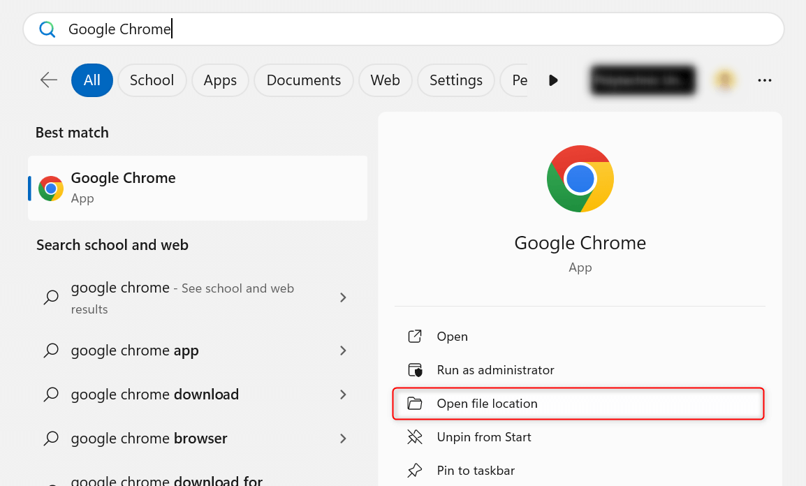 "Open file location" highlighted for Google Chrome in Start menu.