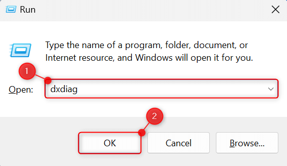 "dxdiag" typed in Run dialog box on Windows.