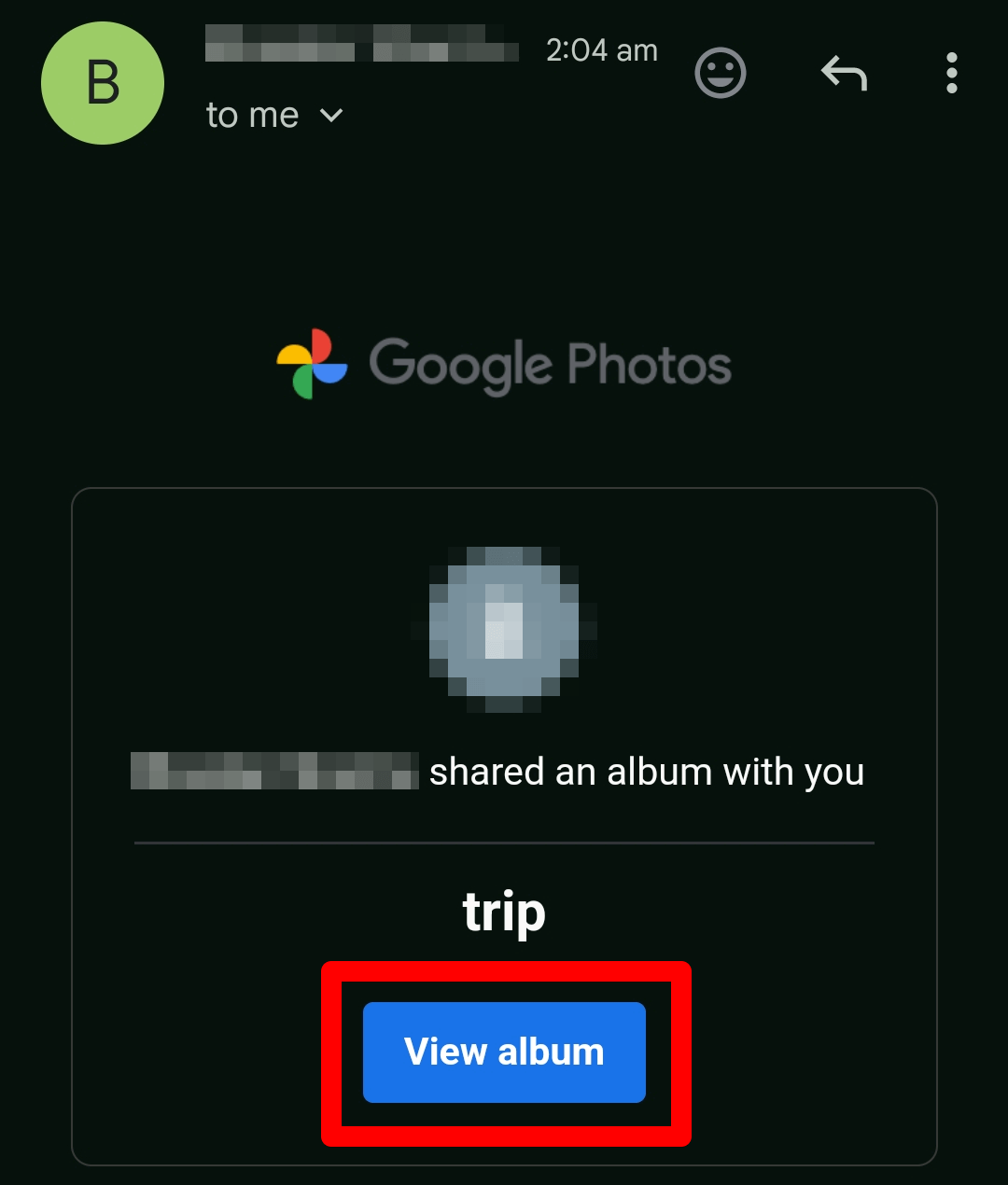 "View Album" highlighted in Gmail on a mobile phone.