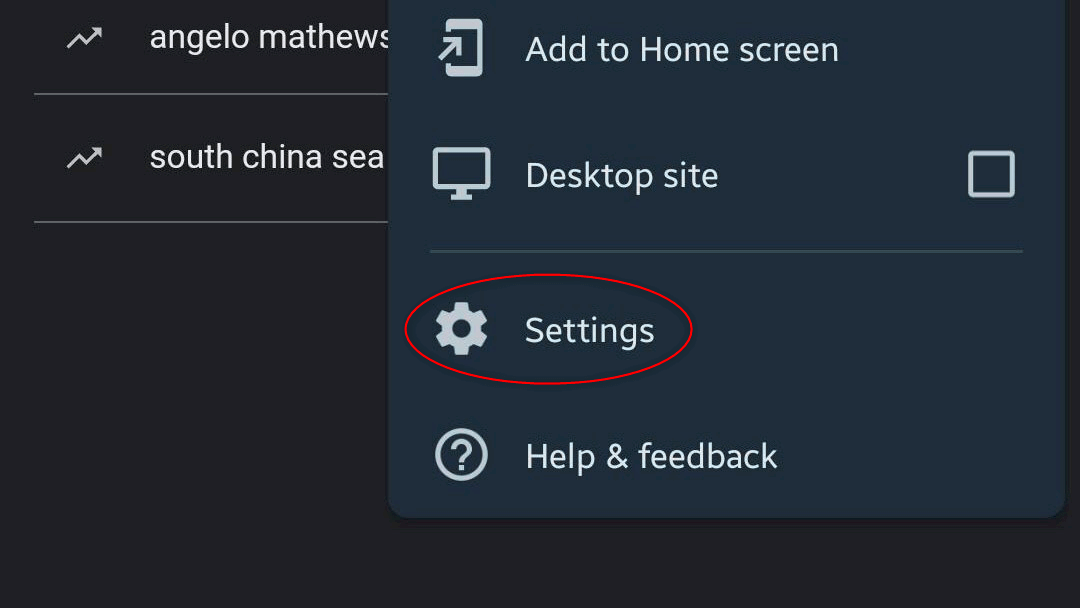 "Settings" highlighted in Chrome on Android.