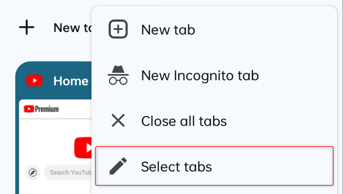 "Select tabs" highlighted in the menu of Chrome for Android.