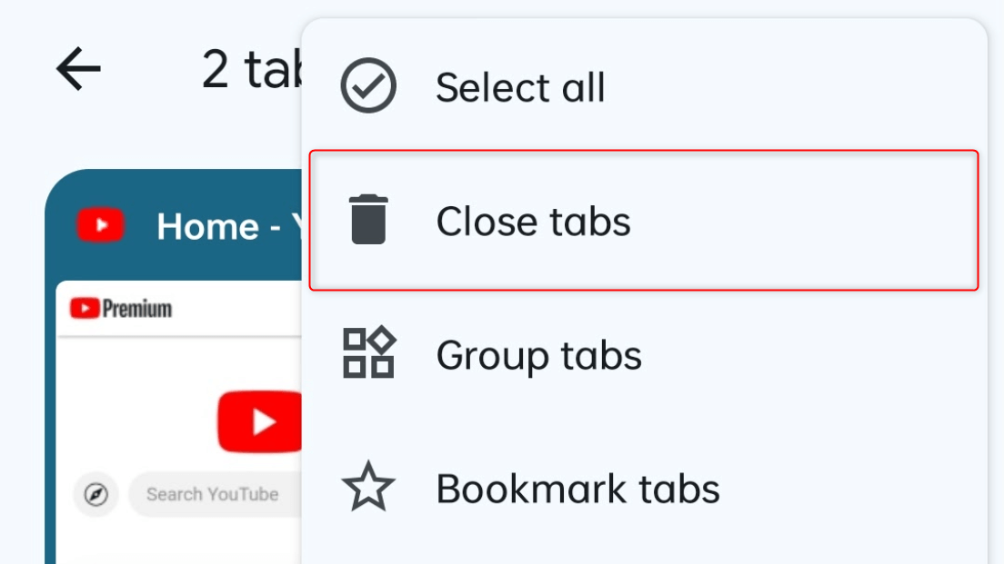 "Close tabs" highlighted in the menu of Chrome for Android.