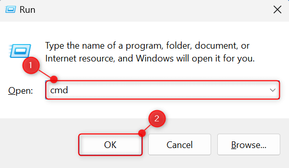 "cmd" typed in Run dialog box on Windows.