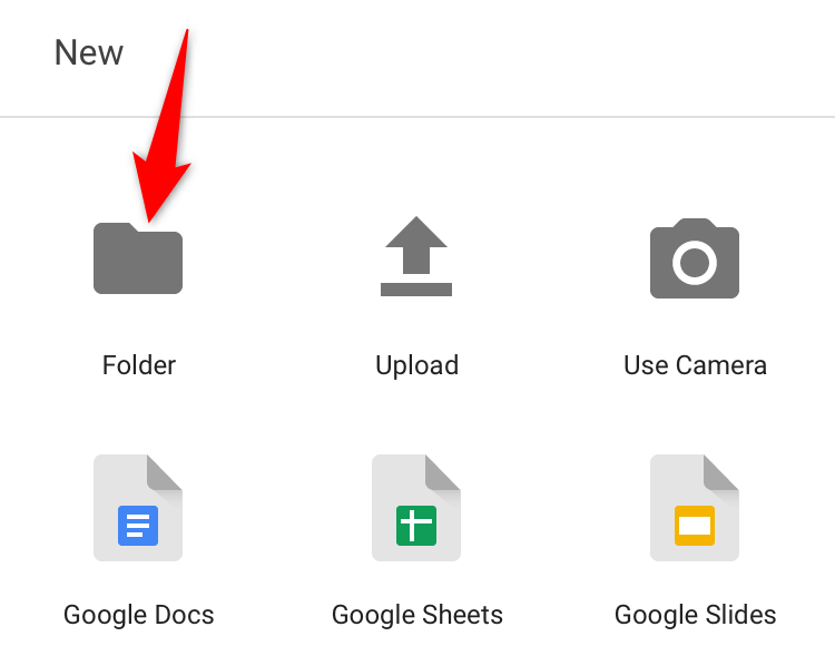 "Folder" highlighted in Google Drive for iPhone.